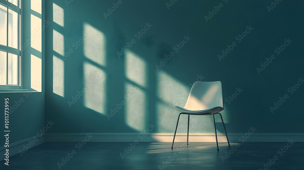 Teal Wall with a Single White Chair in a Room with Light Streaming Through the Window - 3D Render Teal Wall with a Single White Chair in a Room with Light Streaming Through the Window - 3D Render