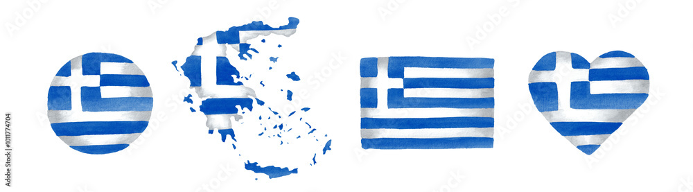 Naklejka premium Greece Flag set. Hand drawn watercolor illustration, isolated on white background