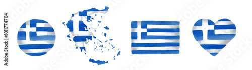 Greece Flag set. Hand drawn watercolor illustration, isolated on white  background