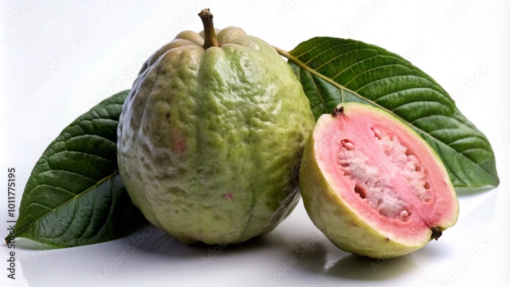A whole guava fruit with a halved guava showing the pink flesh, lying on two green leaves. A whole guava fruit with a halved guava showing the pink flesh, lying on two green leaves.