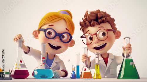 cartoon 3d children science fair happy doing experiments photo