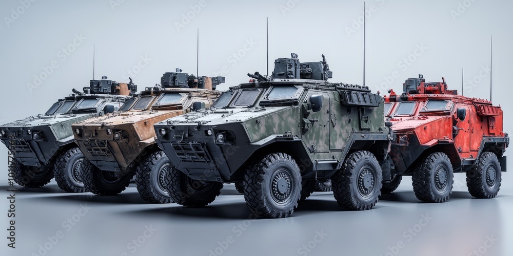 Military vehicles in diverse colors on display Military vehicles in diverse colors on display