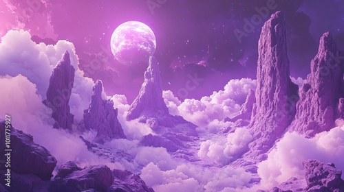 A purple alien world with rocky cliffs and a glowing celestial body in the sky. Fluffy clouds drift above the cosmic stone landscape.