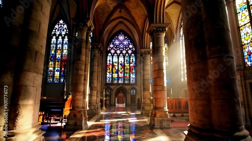 The interior of a Catholic church adorned with stained glass windows, depicting biblical scenes and icons of saints. These elements reflect the essence of Christianity, like peace, faith and love.