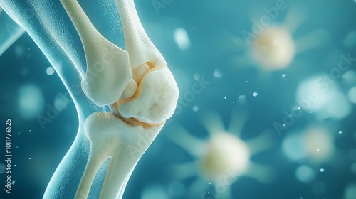 A realistic 3D illustration shows a knee joint with osteoarthritis. The blue background provides space for information about this common condition that affects bones and cartilage.