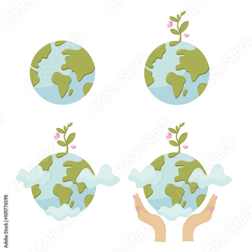 Vector earth set. Earth day collection with planets.Ecological concept.Earth with a green flower and a heart. Isolated illustration for card, postcard, cover. EPS 10