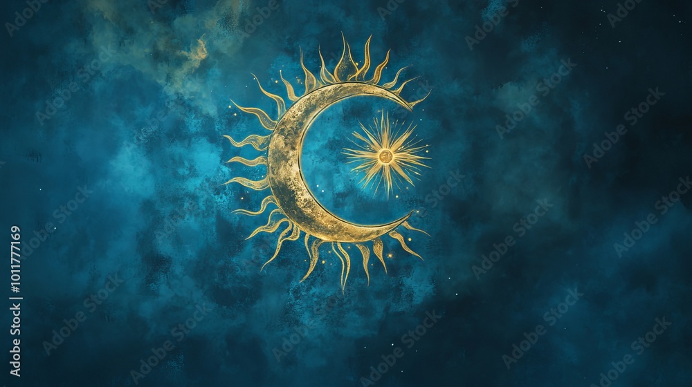 Obraz premium A mystical design with a crescent moon and sun, symbolizing astrology and divination. The blue background creates a sense of magic and the universe.