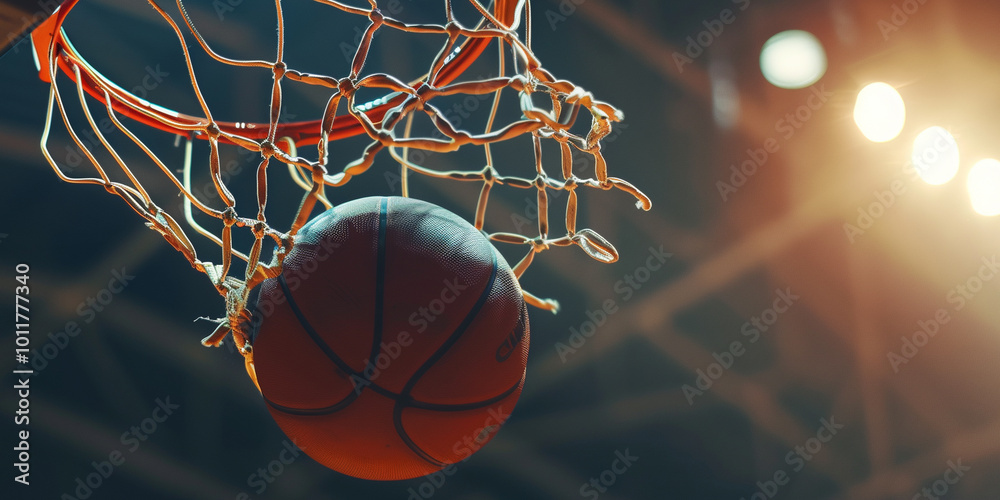 Basketball scoring a basket as it goes through the hoop and making a swish in the net Basketball scoring a basket as it goes through the hoop and making a swish in the net