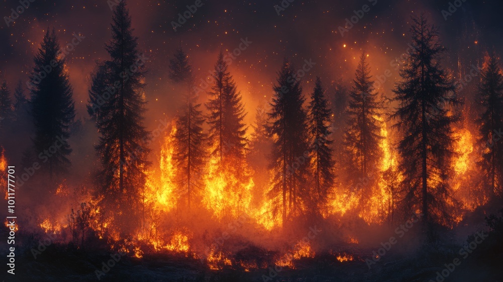 Intense Forest Fire at Dusk with Fiery Flames Intense Forest Fire at Dusk with Fiery Flames