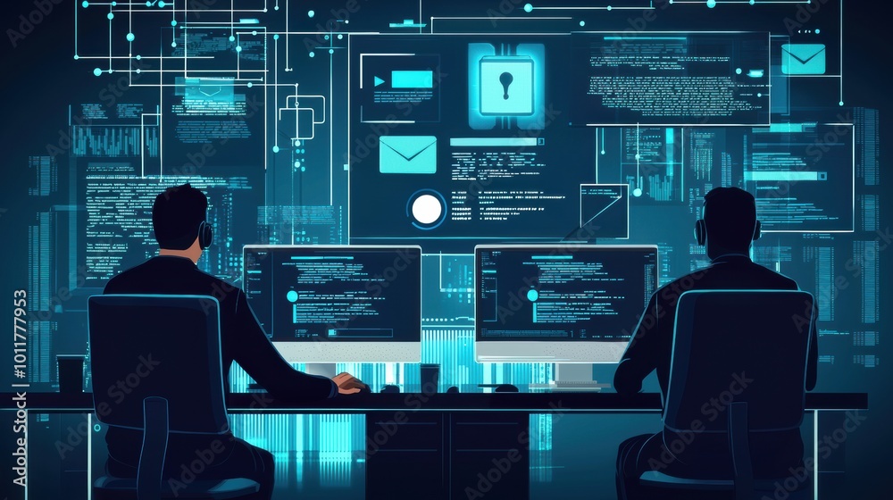 Futuristic Digital Security Interface with Hacker Analyzing Cyber Threats and Network Data Futuristic Digital Security Interface with Hacker Analyzing Cyber Threats and Network Data