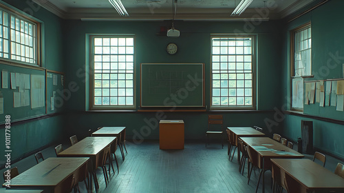 Empty Classroom with Green Walls and Windows, Interior Design Photo