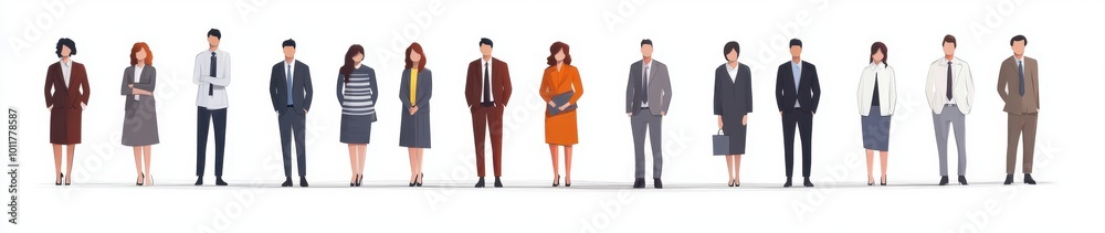 A group of business people standing in a row, a flat illustration on a white background Generative AI
