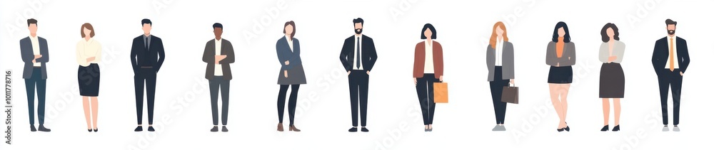 Set of diverse business people standing in a row, illustration on a white background, in a flat design Business team and community concept with men and women characters Generative AI Set of diverse business people standing in a row, illustration on a white background, in a flat design Business team and community concept with men and women characters Generative AI