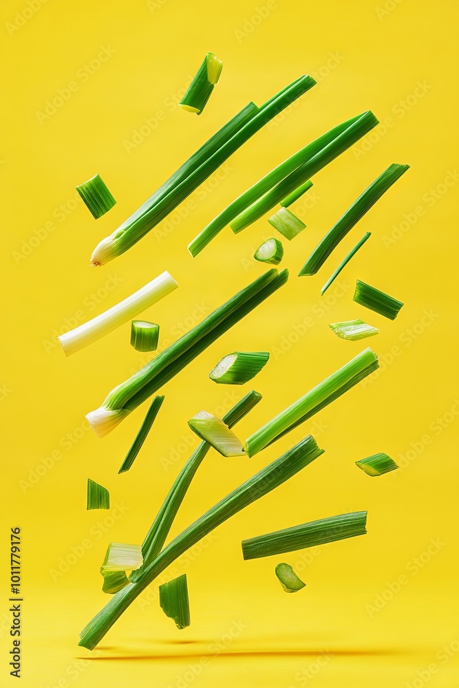 Falling Green Onion Slices on a Vibrant Yellow Background. AI generated illustration Falling Green Onion Slices on a Vibrant Yellow Background. AI generated illustration