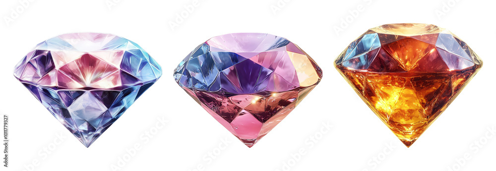 Colorful diamond gems on transparent background
