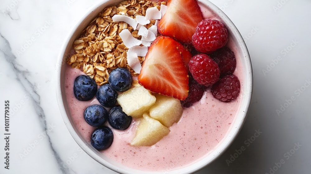 A colorful smoothie bowl topped with granola, coconut flakes, and fresh fruits, beautifully arranged on a marble countertop A colorful smoothie bowl topped with granola, coconut flakes, and fresh fruits, beautifully arranged on a marble countertop