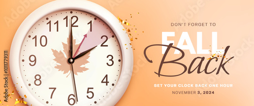 Daylight saving time ends. Fall back concept banner with realistic wall clock and golden confetti on orange background. Don't forget to set your clocks back an hour in november 3. Vector illustration