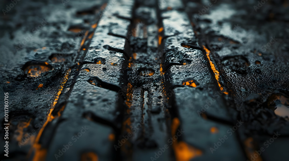 Close-up of a Wet Tire Tread, Black and Orange Abstract Background Image Close-up of a Wet Tire Tread, Black and Orange Abstract Background Image