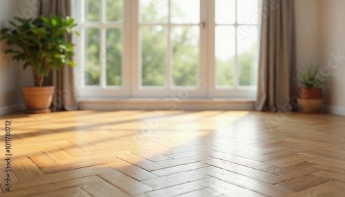 Spacious Room with Wooden Floor and Large Windows Showcasing a Lush Green Outdoor View