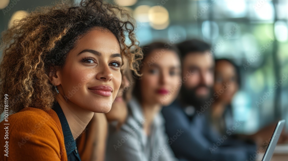 Diverse team collaborating in a bright office meeting room focused on a laptop presentation Diverse team collaborating in a bright office meeting room focused on a laptop presentation