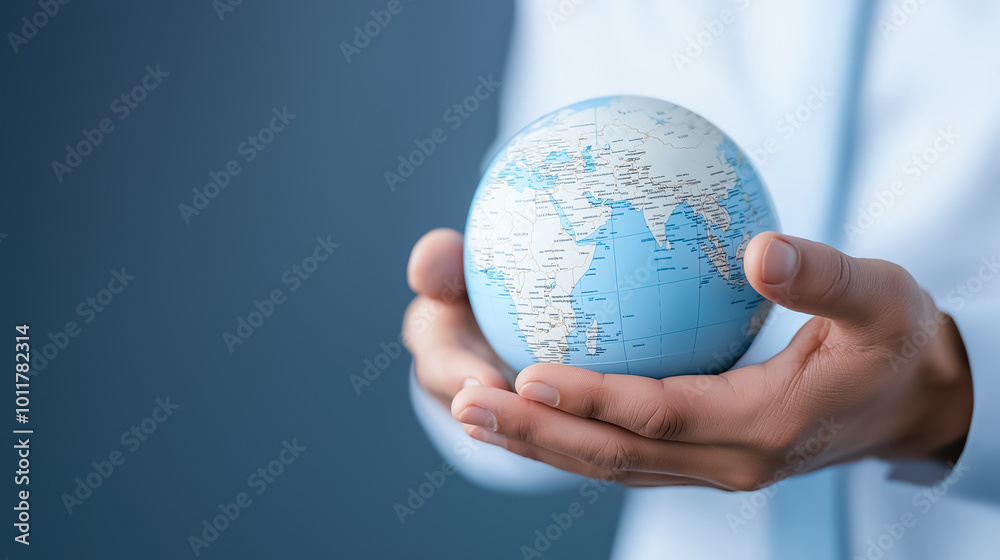 Close-up of hands gently holding a small globe, symbolizing global responsibility, care, and international connections, set against a blue background Close-up of hands gently holding a small globe, symbolizing global responsibility, care, and international connections, set against a blue background