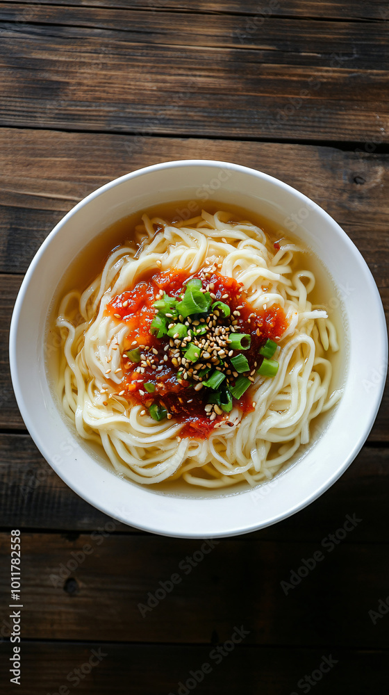 Noodles with spicy sauce, green onions, and sesame seeds in a steaming bowl on a wooden table Noodles with spicy sauce, green onions, and sesame seeds in a steaming bowl on a wooden table