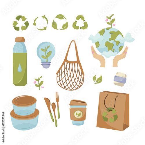 Zero waste concept illustration with different elements. Save the earth, zero waste, no plastic, go green, alternative energy, eco concept. Isolated illustration for card, postcard, cover. EPS 10