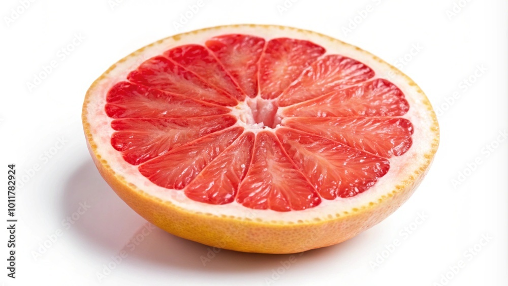 A halved pink grapefruit with a white background.
