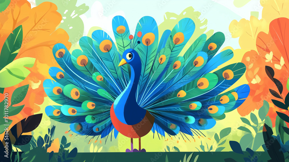 Fototapeta premium An illustration of a peacock in a minimalist style with a brightly fanned tail. Vibrant blue, green, and yellow feathers stand out against a bright nature background
