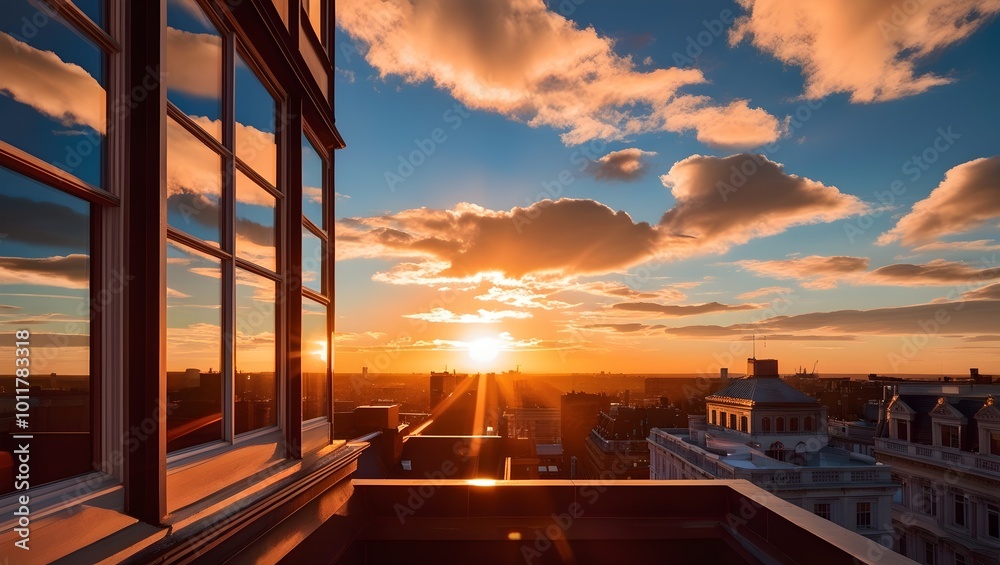Fototapeta premium Sunset at the top of a building with lots of clouds and reflection in the side window. 