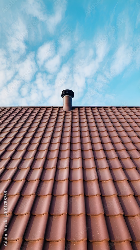 Naklejka premium Red roof tiles against blue sky with scattered clouds, chimney visible Vertical Mobile Wallpaper