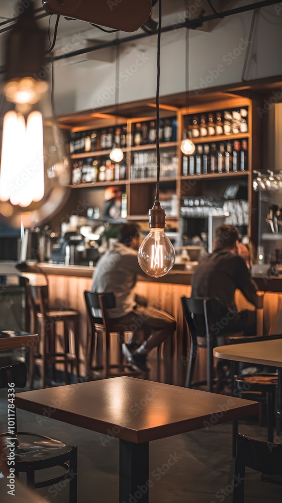 Wooden table in cozy cafe, bar counter with patrons, softly illuminated ambiance Vertical Mobile Wallpaper Wooden table in cozy cafe, bar counter with patrons, softly illuminated ambiance Vertical Mobile Wallpaper