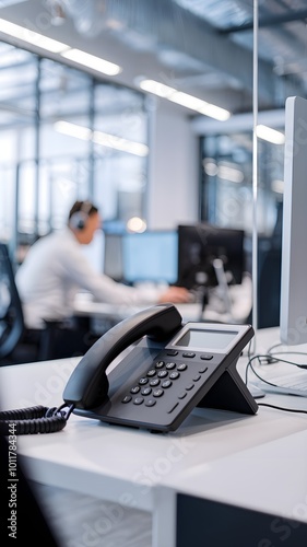 Office scene with telephone and headset, professional workspace in blurred background Vertical Mobile Wallpaper