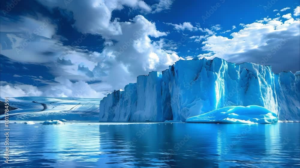 A stunning landscape featuring massive blue icebergs reflecting in calm waters under a bright blue sky with clouds. A stunning landscape featuring massive blue icebergs reflecting in calm waters under a bright blue sky with clouds.