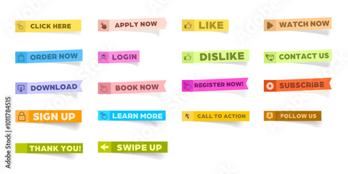 Read More, learn more, buy now, download, watch now, like, book, follow, swipe up, order now, thank you,  more colorful sticky notes button set.