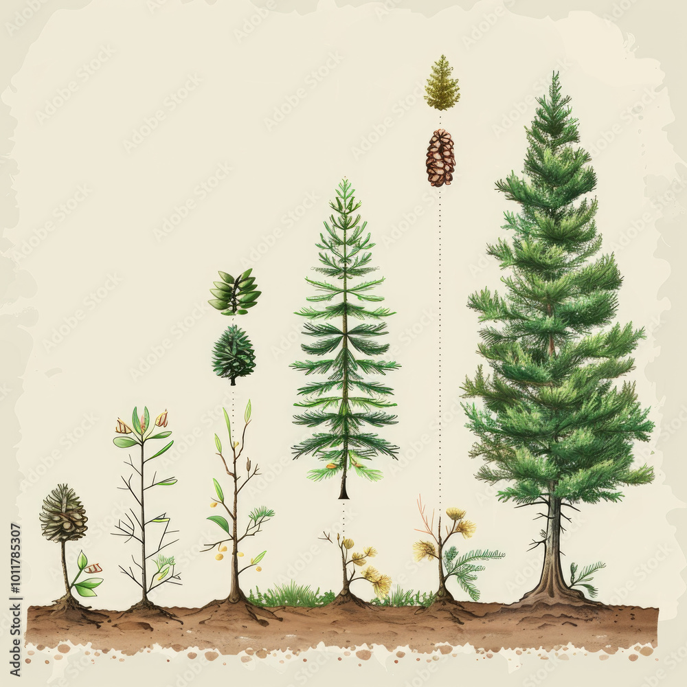 Fototapeta premium Growth Stages of a Pine Tree Illustrated - From Seedling to Mature Tree with Cones