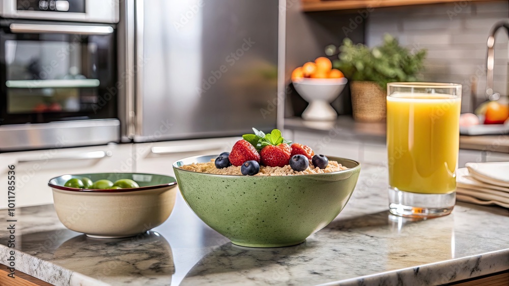 Healthy breakfast with berries and juice on a kitchen counter. Healthy breakfast with berries and juice on a kitchen counter.