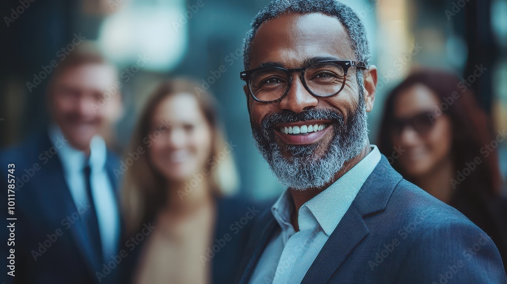 Smiling mature African businessman in glasses with colleagues in the background Smiling mature African businessman in glasses with colleagues in the background
