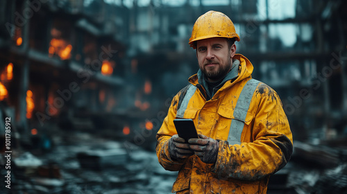 A man in a yellow jumpsuit and hard hat uses his phone in front of a fire-damaged building.