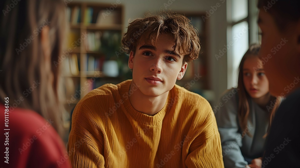 Fototapeta premium Teen Explaining Mental Health Project to Classmates