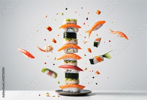 A creative tower composition of flying imbalanced sushi, magazine cover design, white background, high detail