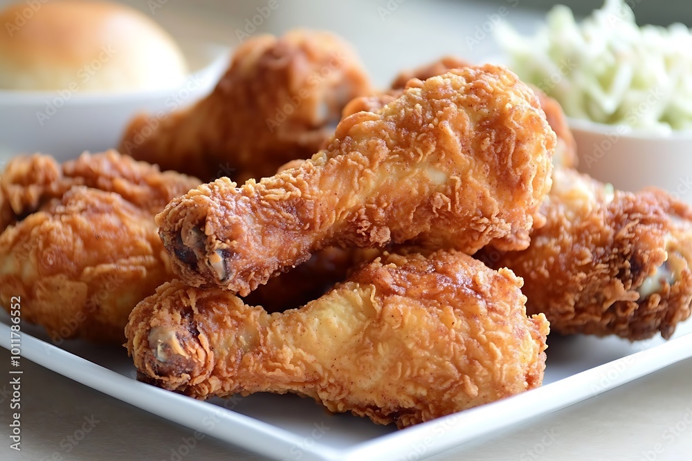 Crispy Fried Chicken Drumsticks with Cole Slaw on Plate Crispy Fried Chicken Drumsticks with Cole Slaw on Plate