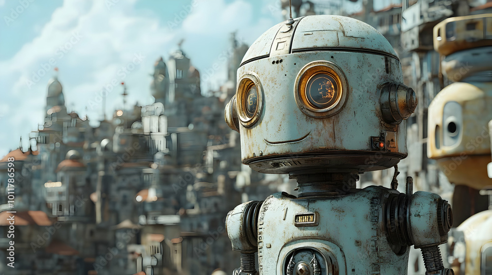 Rusty Robot Illustration in Futuristic City Rusty Robot Illustration in Futuristic City