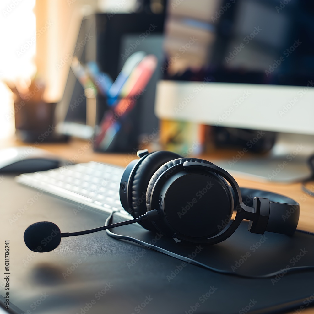 Headphones with microphone on keyboard, blurred office scene behind For Social Media Post Size Headphones with microphone on keyboard, blurred office scene behind For Social Media Post Size