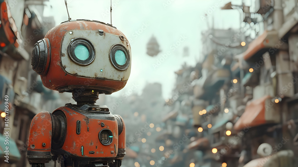 Rusty Robot in a Futuristic City 3D Illustration