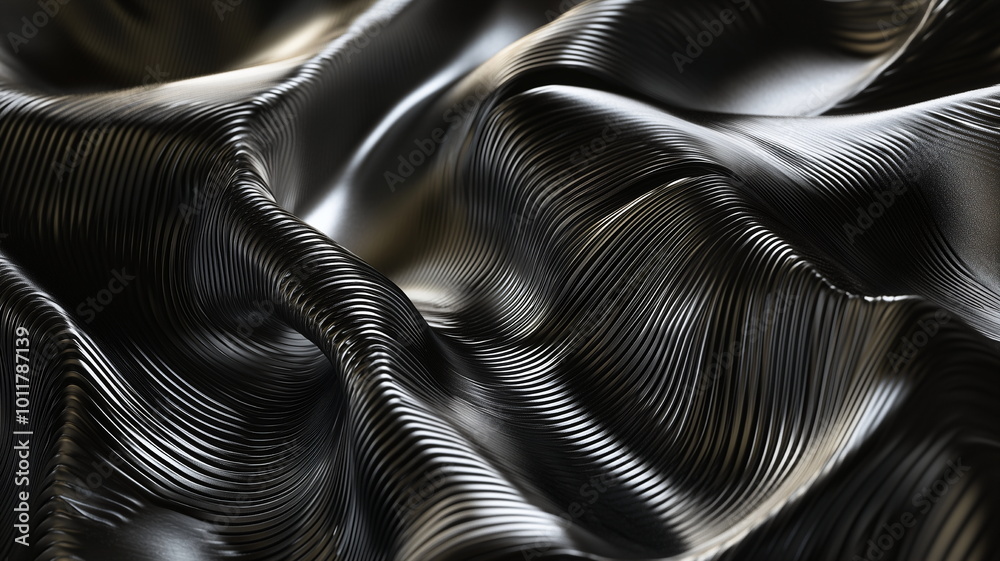 Naklejka premium Abstract undulating black ribbed surface, textured with metallic sheen and dynamic, wavy patterns, futuristic and sleek