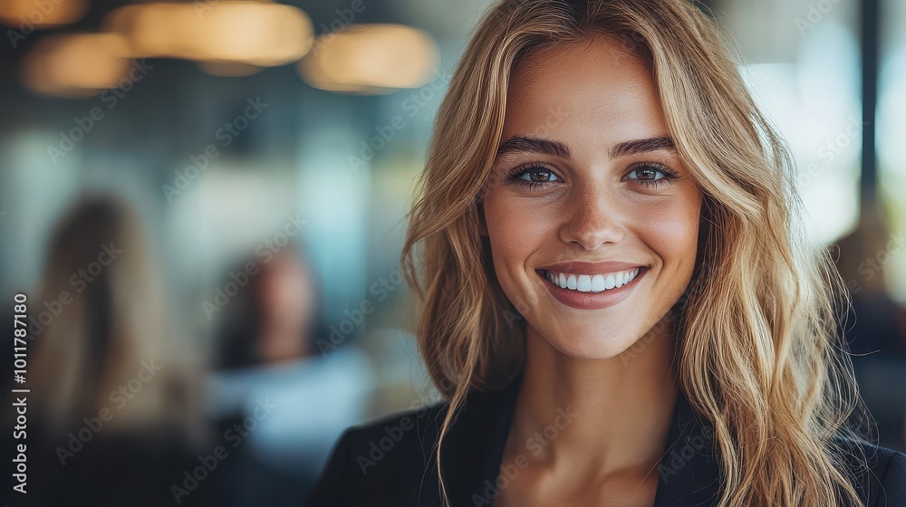 Young businesswoman smiling in a modern office environment Young businesswoman smiling in a modern office environment