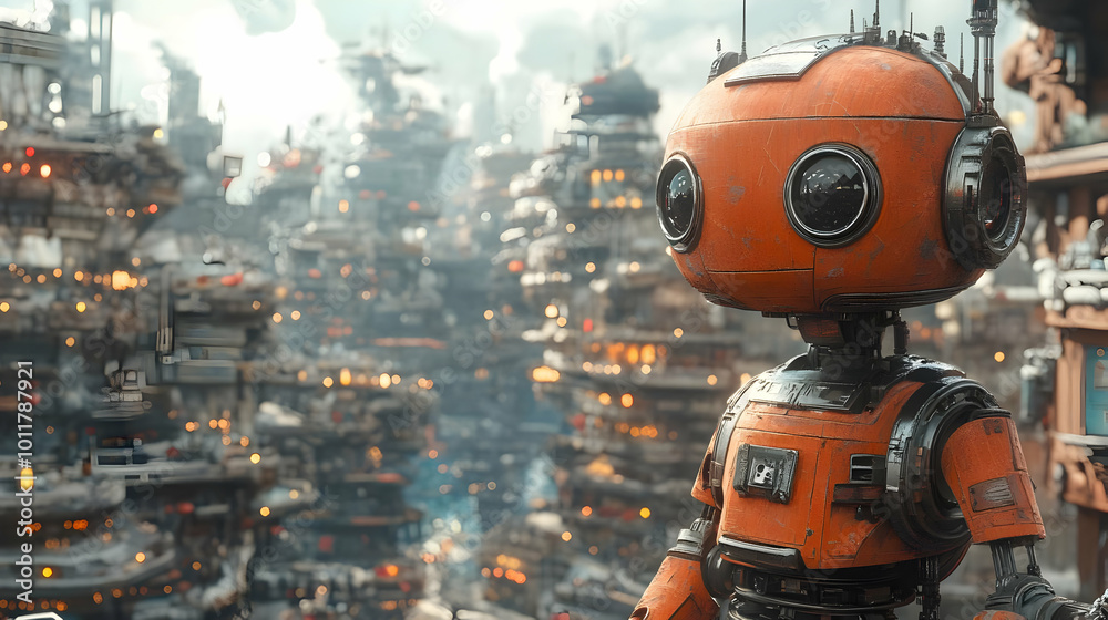 Rusty Robot In A Futuristic City - 3D Illustration Rusty Robot In A Futuristic City - 3D Illustration