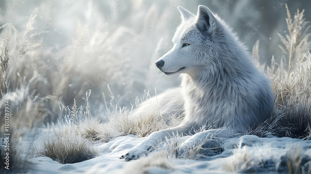 Obraz premium Arctic Wolf in Snowy Landscape - Digital Illustration