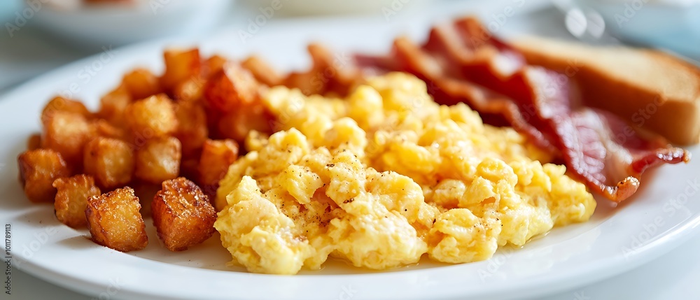 Scrambled Eggs, Bacon, and Hash Browns with Toast Scrambled Eggs, Bacon, and Hash Browns with Toast